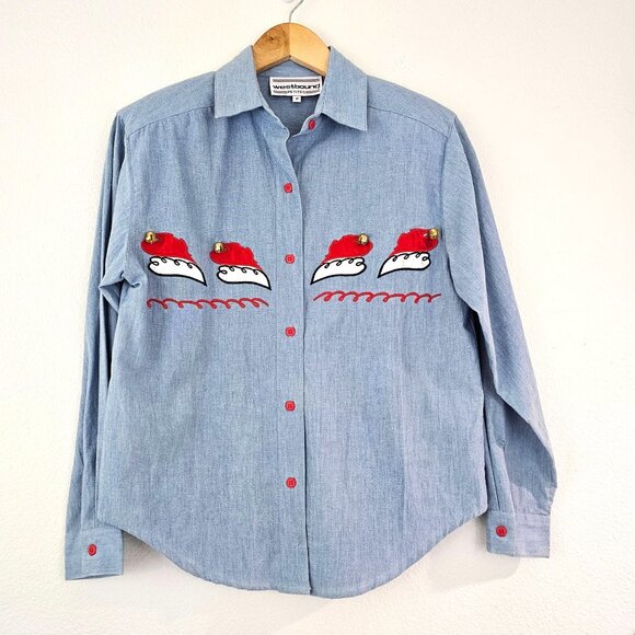 Womens Sz M/L P Blue Cotton Christmas Button Up Shirt Holidays Bells Festive - Picture 1 of 12